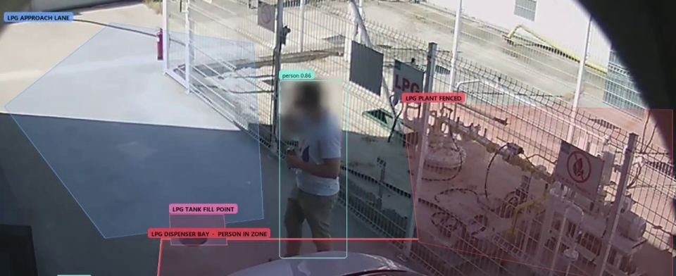 Fenced LPG bay with a person-in-zone event highlighted, face blurred